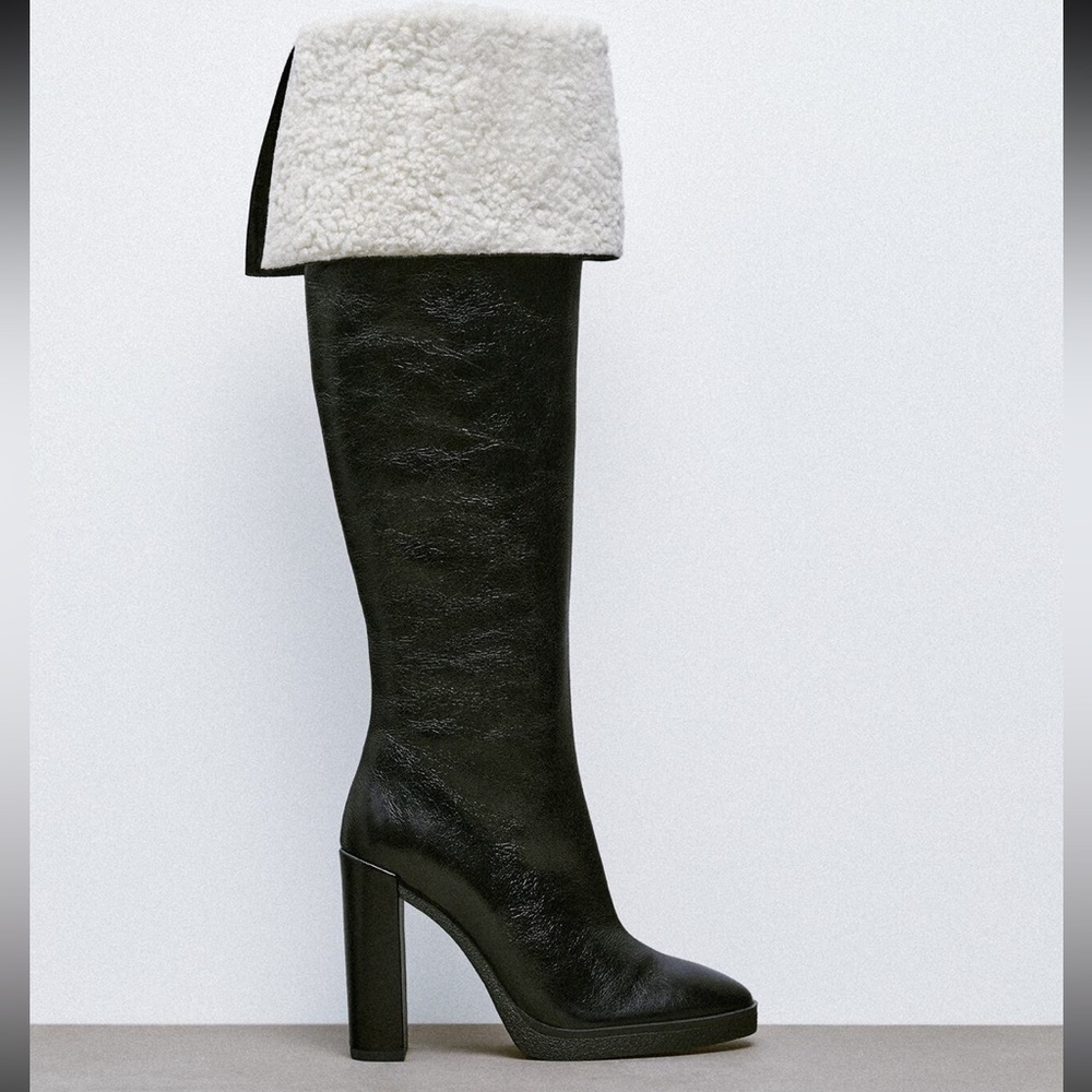 Zara OVER-THE-KNEE LEATHER BOOTS WITH FAUX SHEARLING LINING